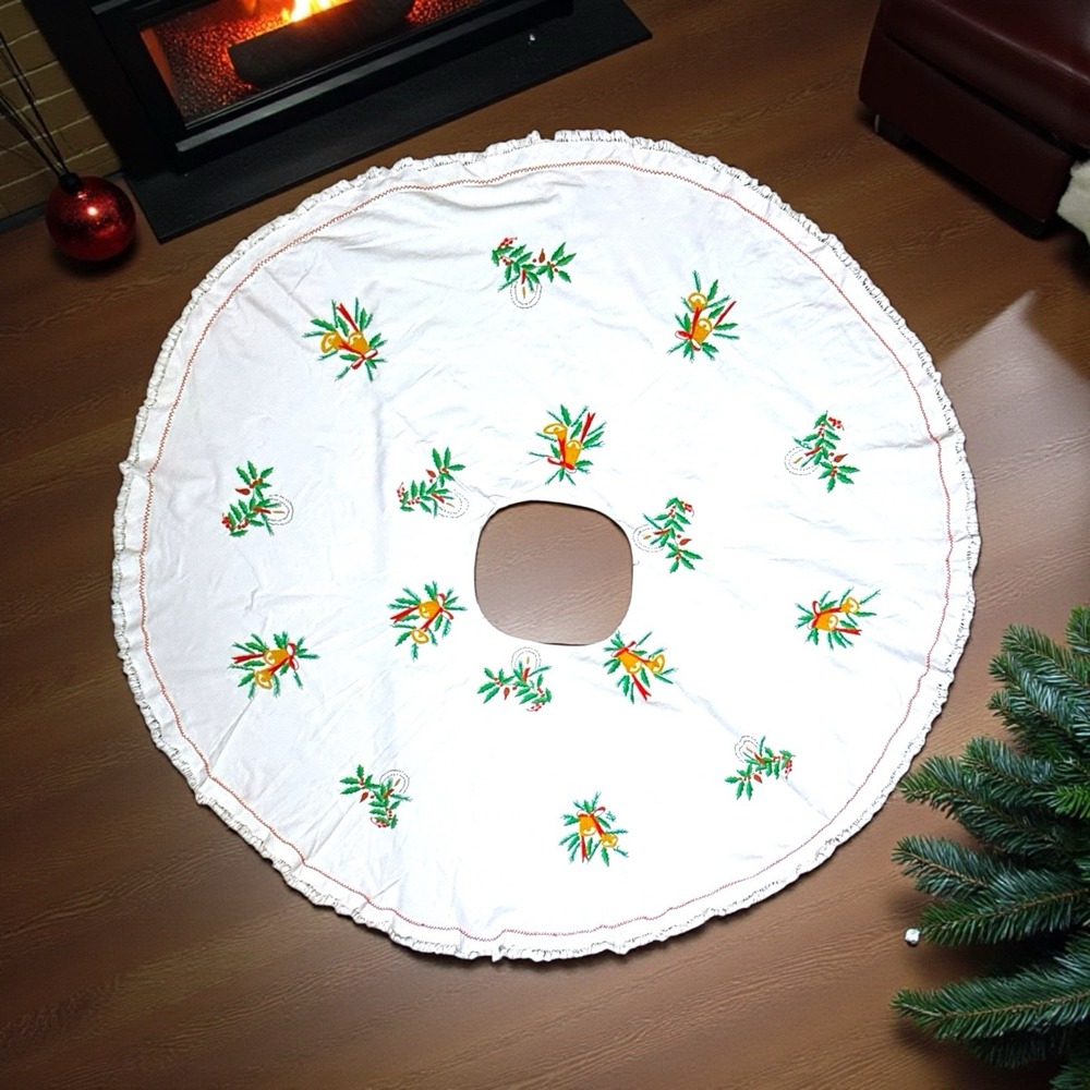 Vintage 1950's Handmade Embroidered Christmas Tree Skirt 66" Bells Holly Candle